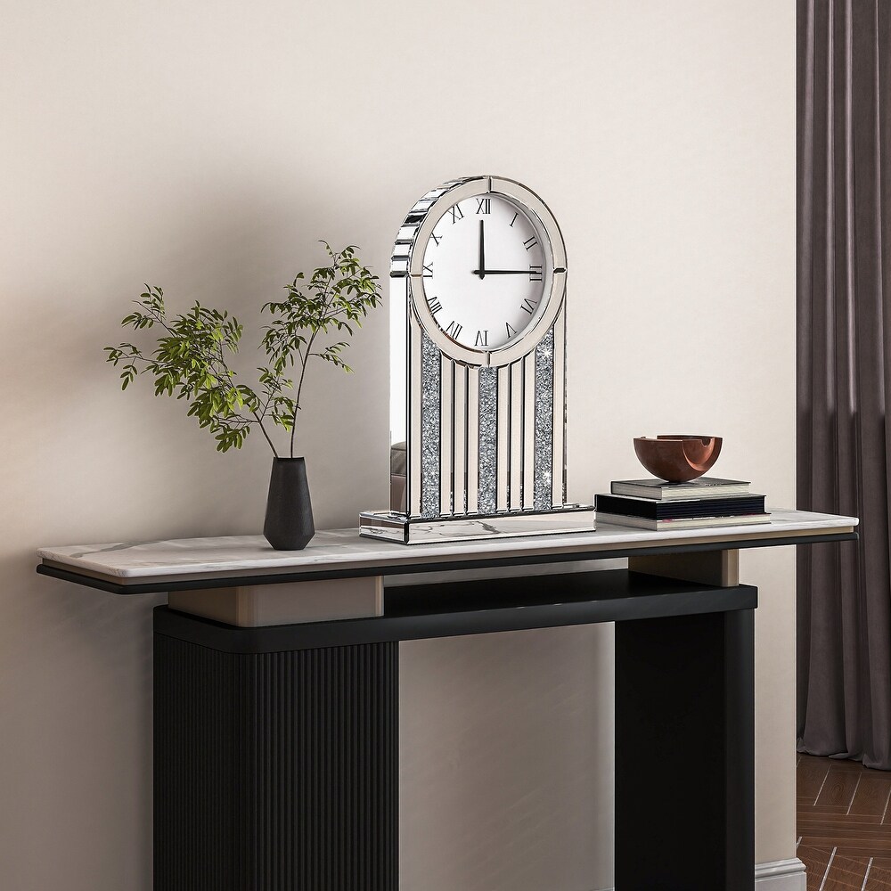 Luxury Mirrored Table Clock, 21.7 Inch Desk Clock with Crystal Accents, Silent Non-Ticking Decorative Desk Clock