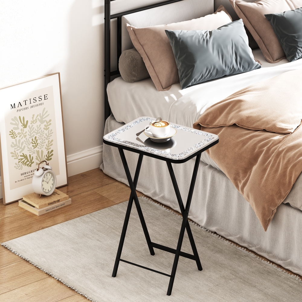 Mirrored End Table Crushed Diamond Folding TV Dinner Table Tray, Portable Sofa Side Table