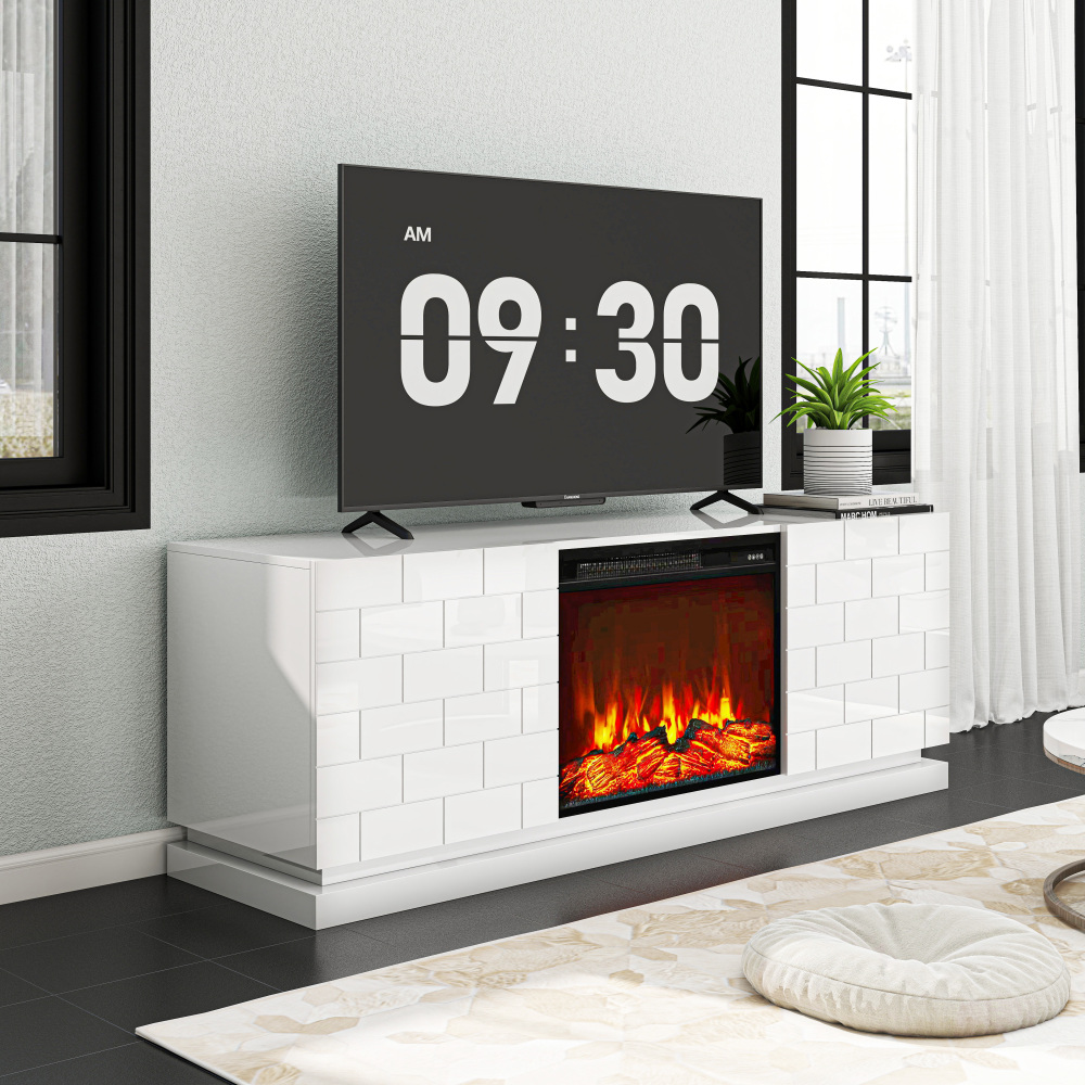 63" TV Stand with Electric Fireplace, Modern White High Gloss Entertainment Center with Brick Pattern Doors
