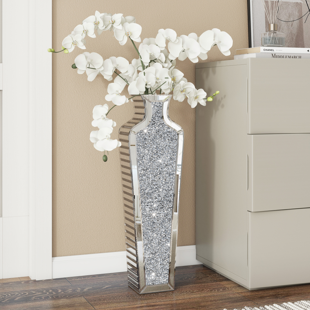 Crushed Diamond Floor Vase, Large Silver Mirror Tall Vases for Floor, Modern Luxury Glass Vases Home Decor for Living Room