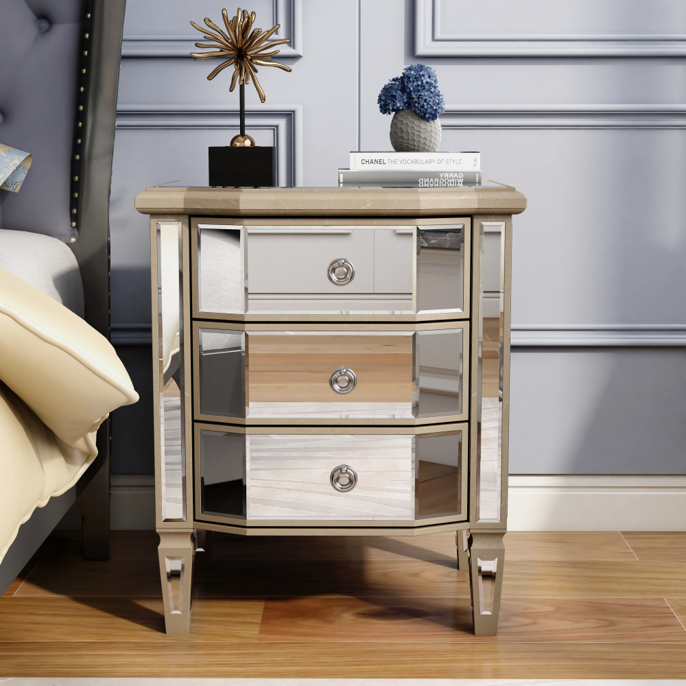 SHYFOY 23.62" Mirror Glass 3-Drawers Vintage Border Nightstand / SF-BT124