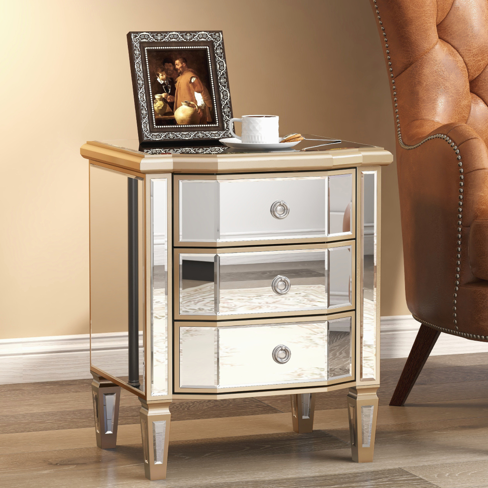 SHYFOY 23.62" Mirror Glass 3-Drawers Vintage Border Nightstand / SF-BT124