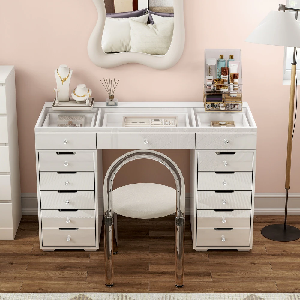 SHYFOY Glossy White Dressing Vanity Table Makeup Desk with 13-Drawer