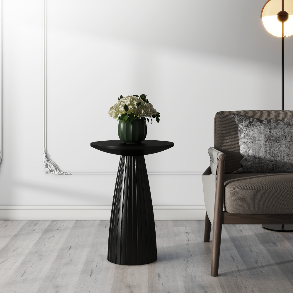 Round Black Side Table End Table with Pedestal Fluted Base