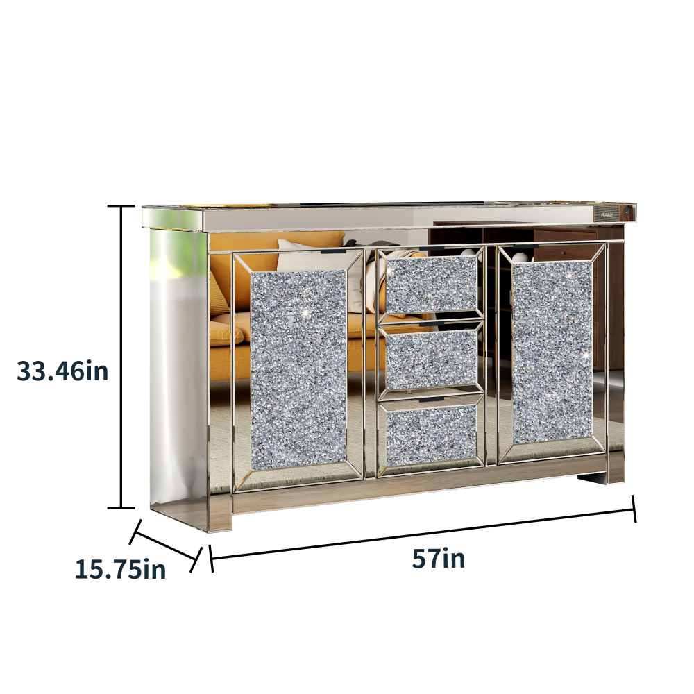 SHYFOY 57" Wide 3 Drawer Mirrored Glass Sideboard