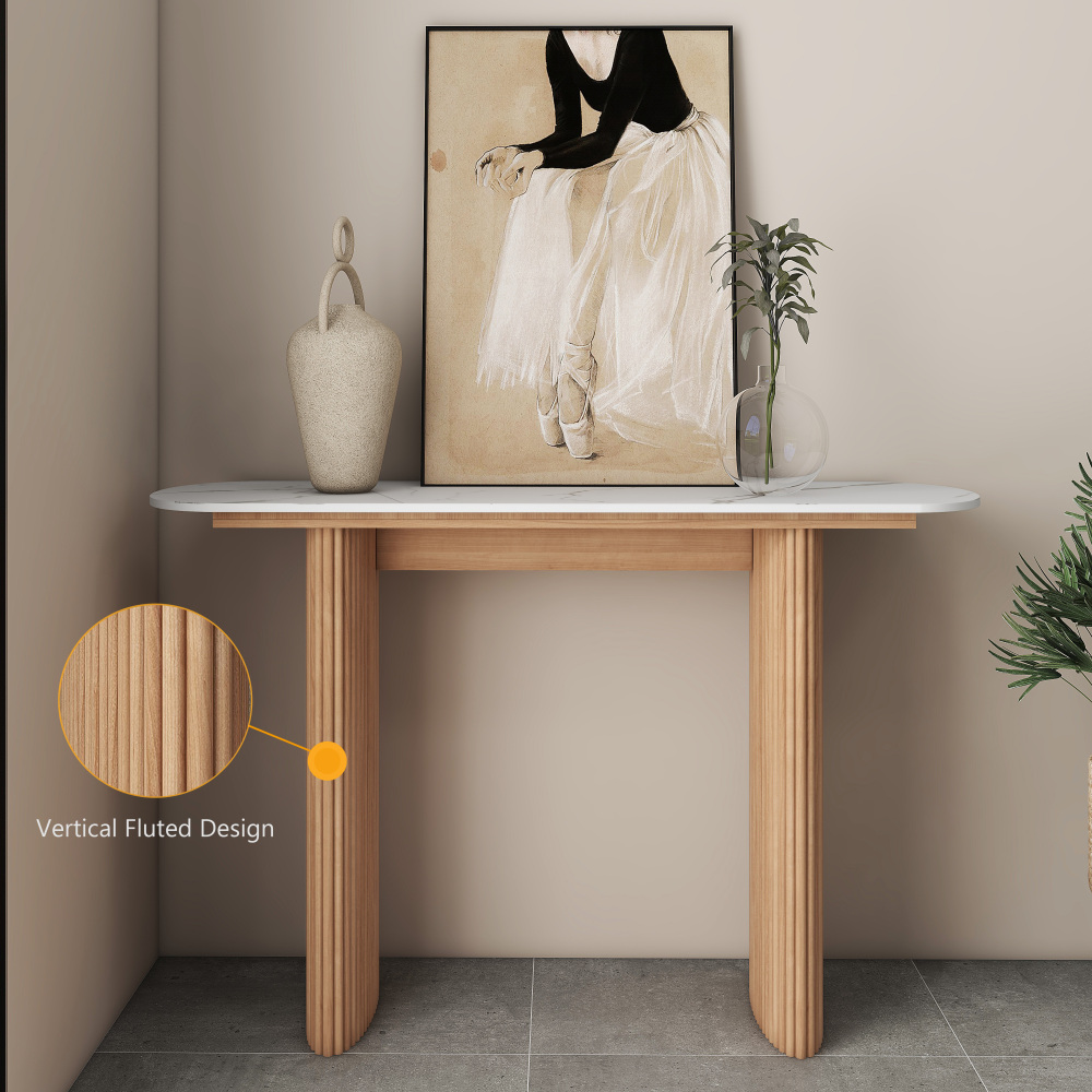 Natural  Marbled Wood Console Table Entryway Table with Fluted Base