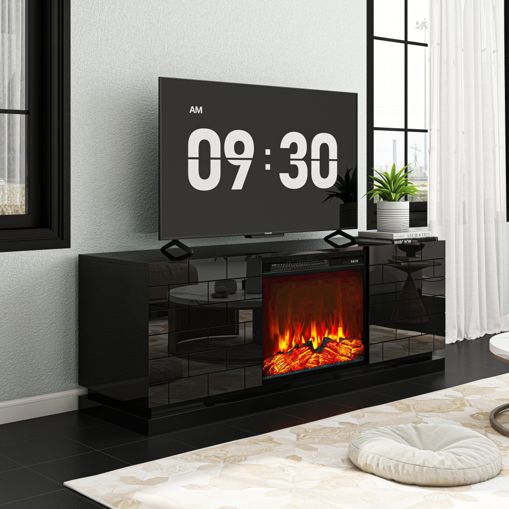 Modern TV Stand with Electric Fireplace, 63" High Gloss Black Entertainment Console with Brick Pattern Doors