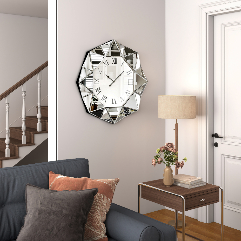 Decorative Wall Clock, 22 inch Mirrored Large Wall Clock, Silver Modern Silent Wall Clocks Diamond Beveled Frame Edge