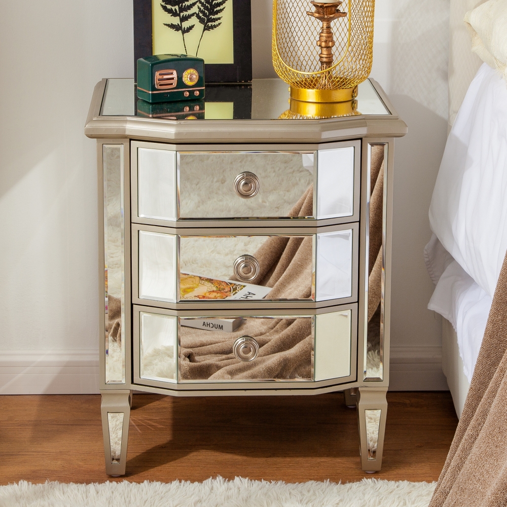 SHYFOY 23.62" Mirror Glass 3-Drawers Vintage Border Nightstand / SF-BT124