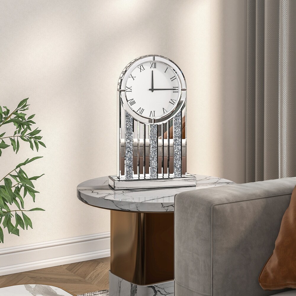 Luxury Mirrored Table Clock, 21.7 Inch Desk Clock with Crystal Accents, Silent Non-Ticking Decorative Desk Clock