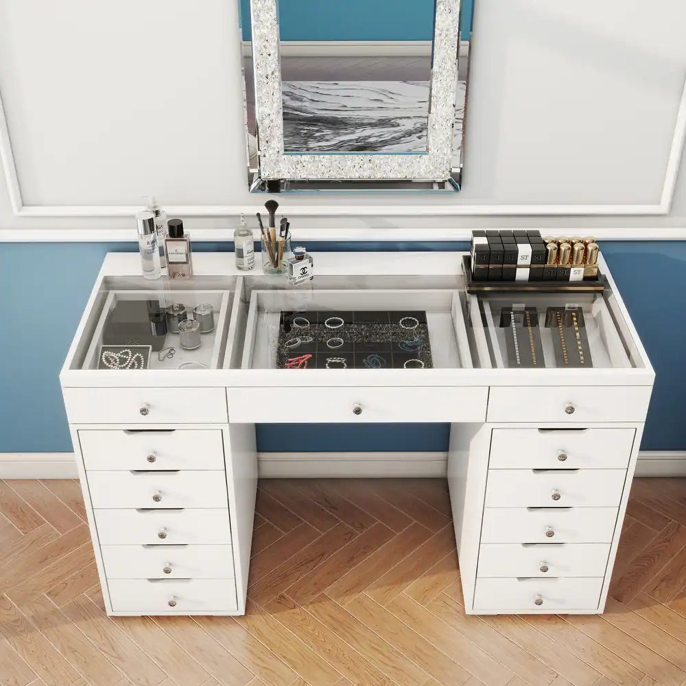 SHYFOY Glossy White Dressing Vanity Table Makeup Desk with 13-Drawer