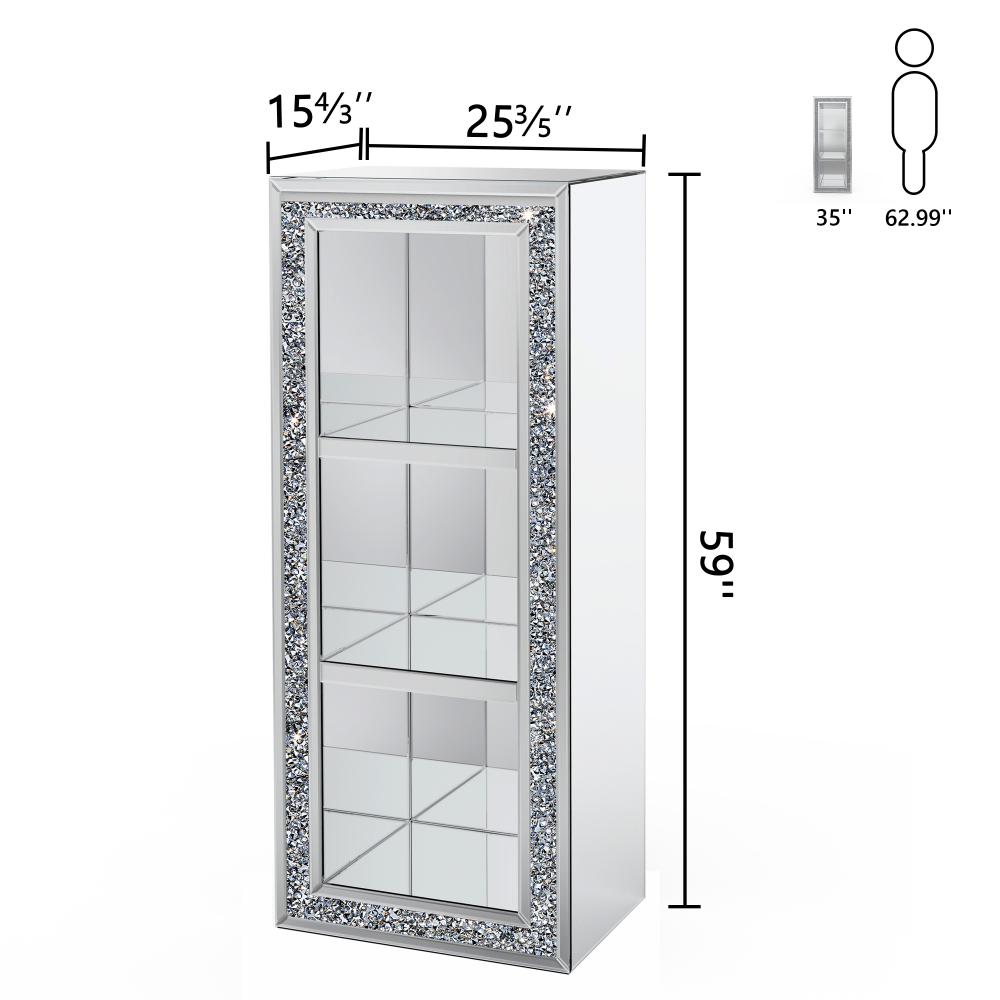 SHYFOY 3 Shelves Accent Display Cabinet with Door Crushed Crystals Inlay