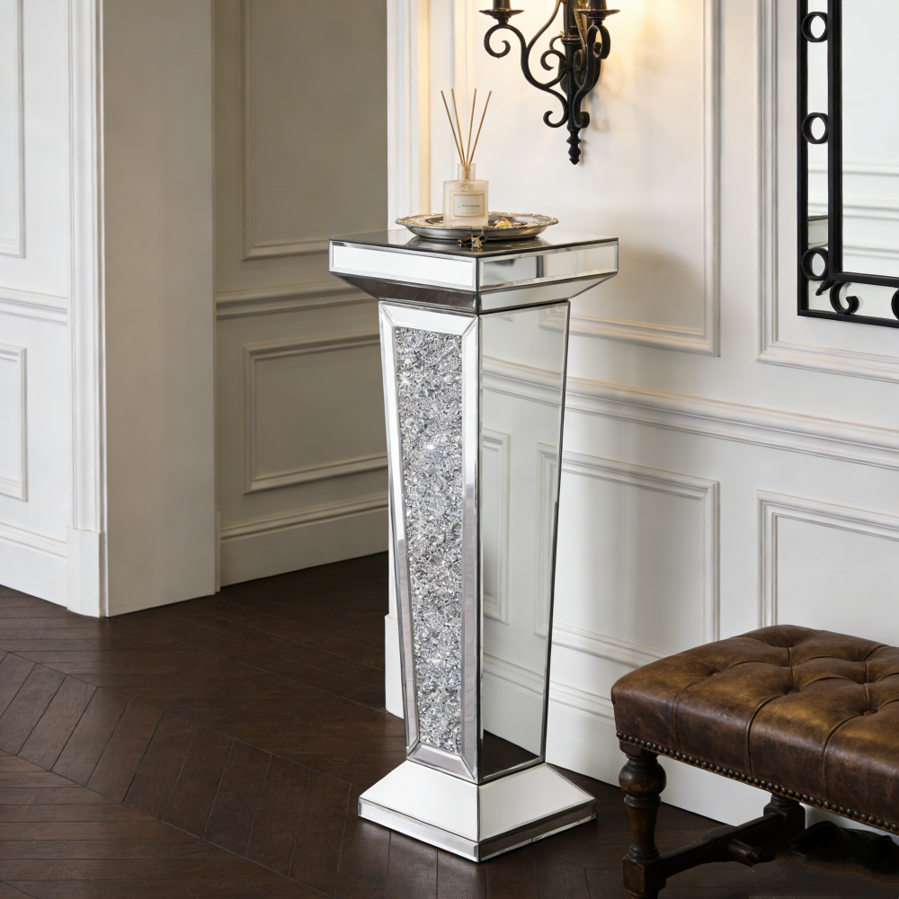 Tall Pedestal Mirrored End Table, Glass Side Table