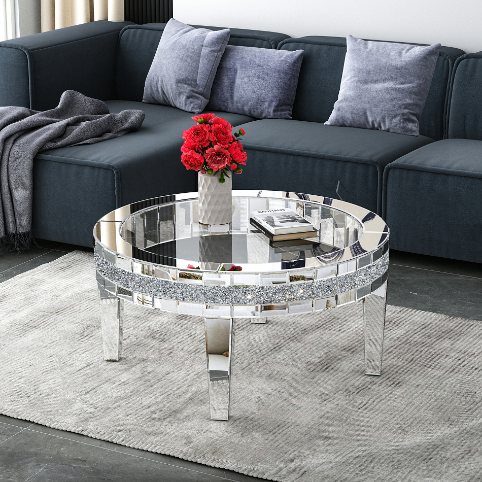 Round Glass Top Silver Accent Table Decor With Crushed Diamond Coffee Table