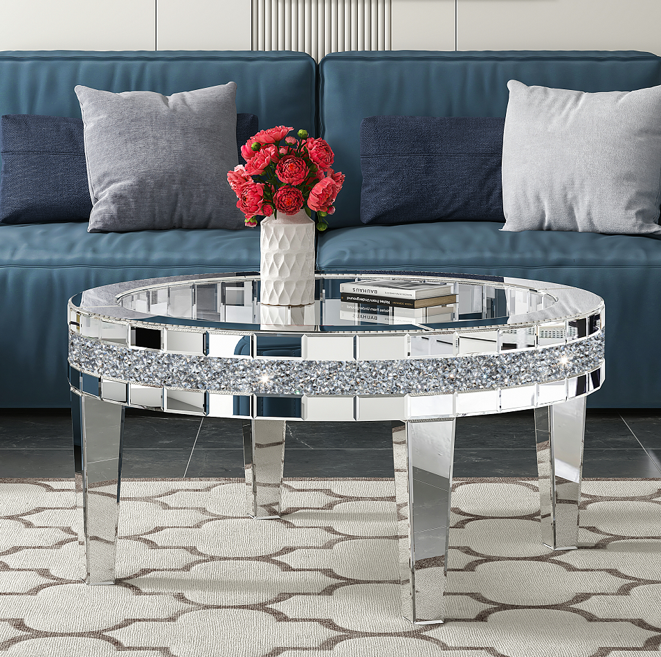 Round Glass Top Silver Accent Table Decor With Crushed Diamond Coffee Table