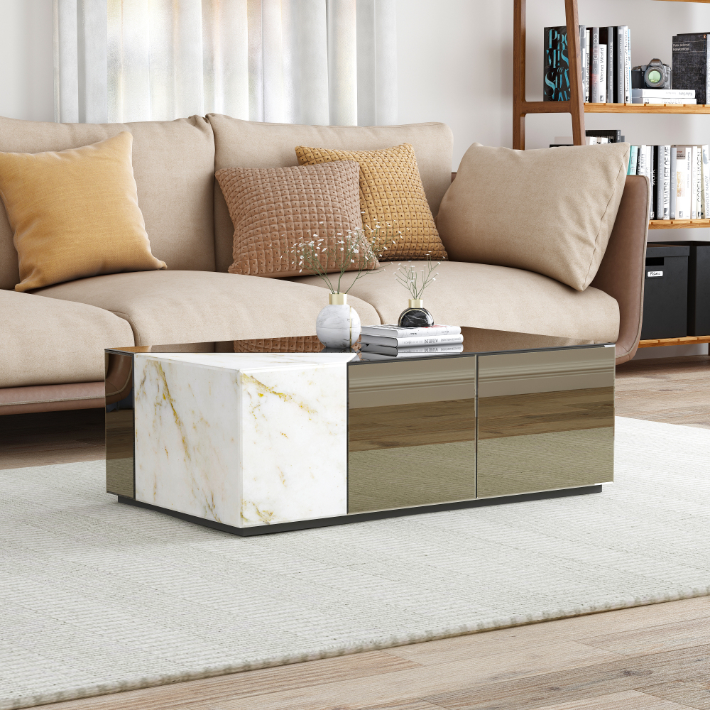 SHYFOY 39.37''W Mirrored Block Coffee Table With Unique Marble Patchwork Design