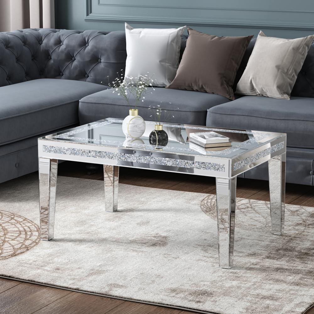 SHYFOY Coffee Table Mirrored with Crystals Inlay, Modern Contemporary Accent Side or Coffee Table for Living Room with Mirrored Finished