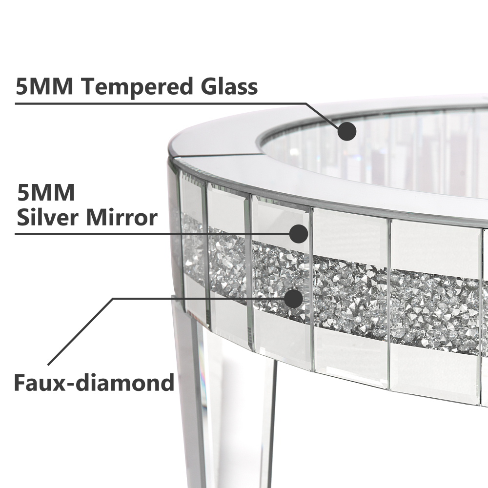 Round Glass Top Silver Accent Table Decor With Crushed Diamond Coffee Table