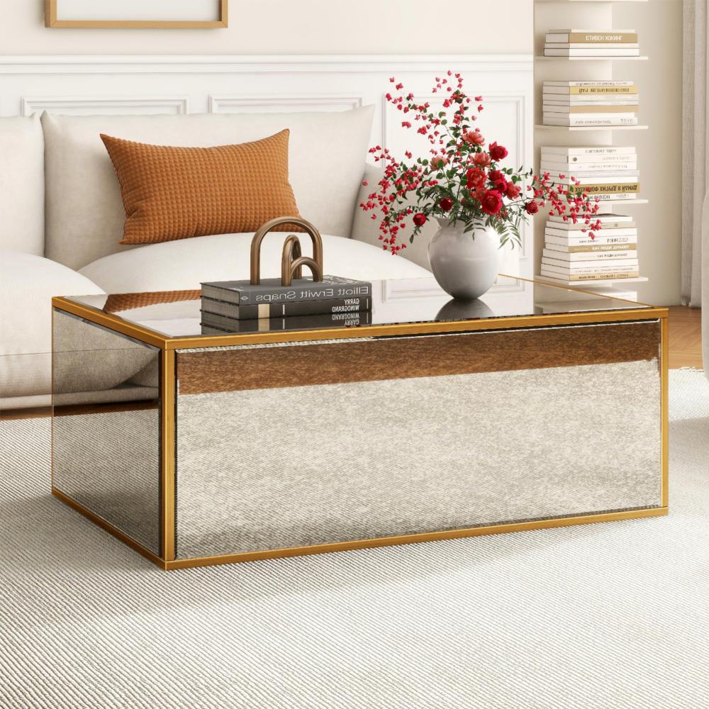 Rectangular Coffee Table, Mirrored Glass Center Table with Brushed Gold Frame