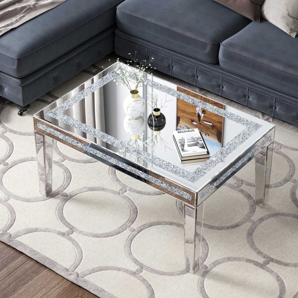 SHYFOY Coffee Table Mirrored with Crystals Inlay, Modern Contemporary Accent Side or Coffee Table for Living Room with Mirrored Finished