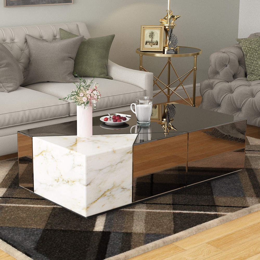 SHYFOY 39.37''W Mirrored Block Coffee Table With Unique Marble Patchwork Design