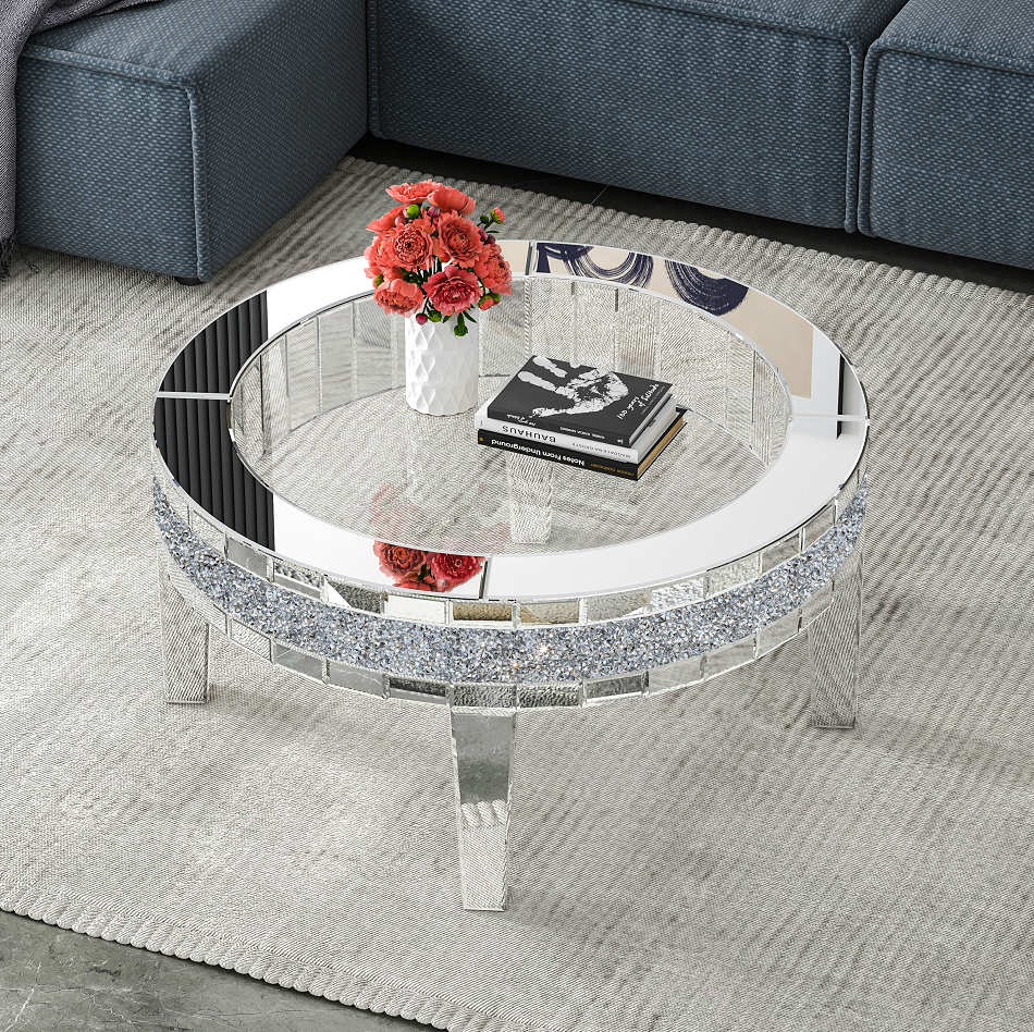Round Glass Top Silver Accent Table Decor With Crushed Diamond Coffee Table