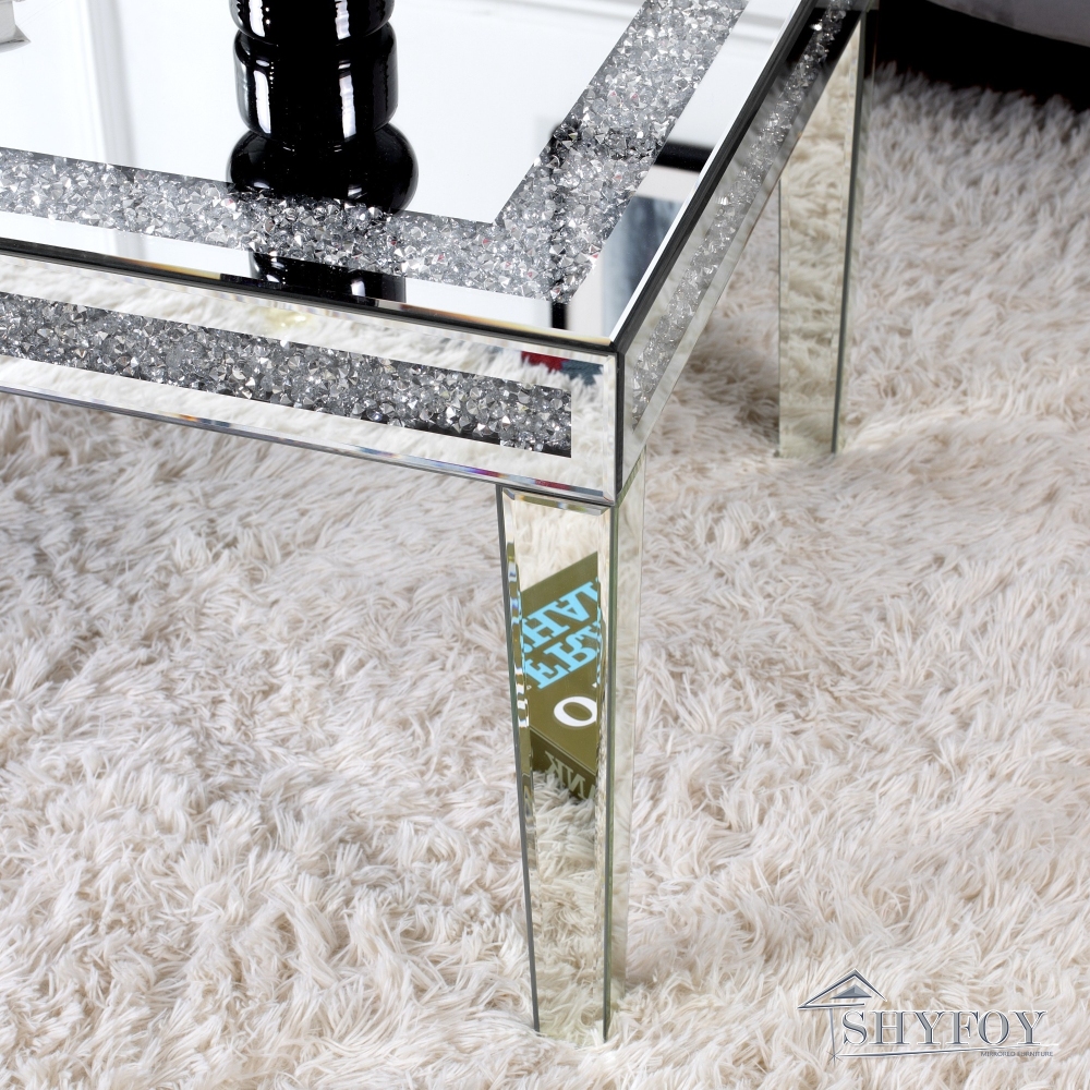 SHYFOY Coffee Table Mirrored with Crystals Inlay, Modern Contemporary Accent Side or Coffee Table for Living Room with Mirrored Finished