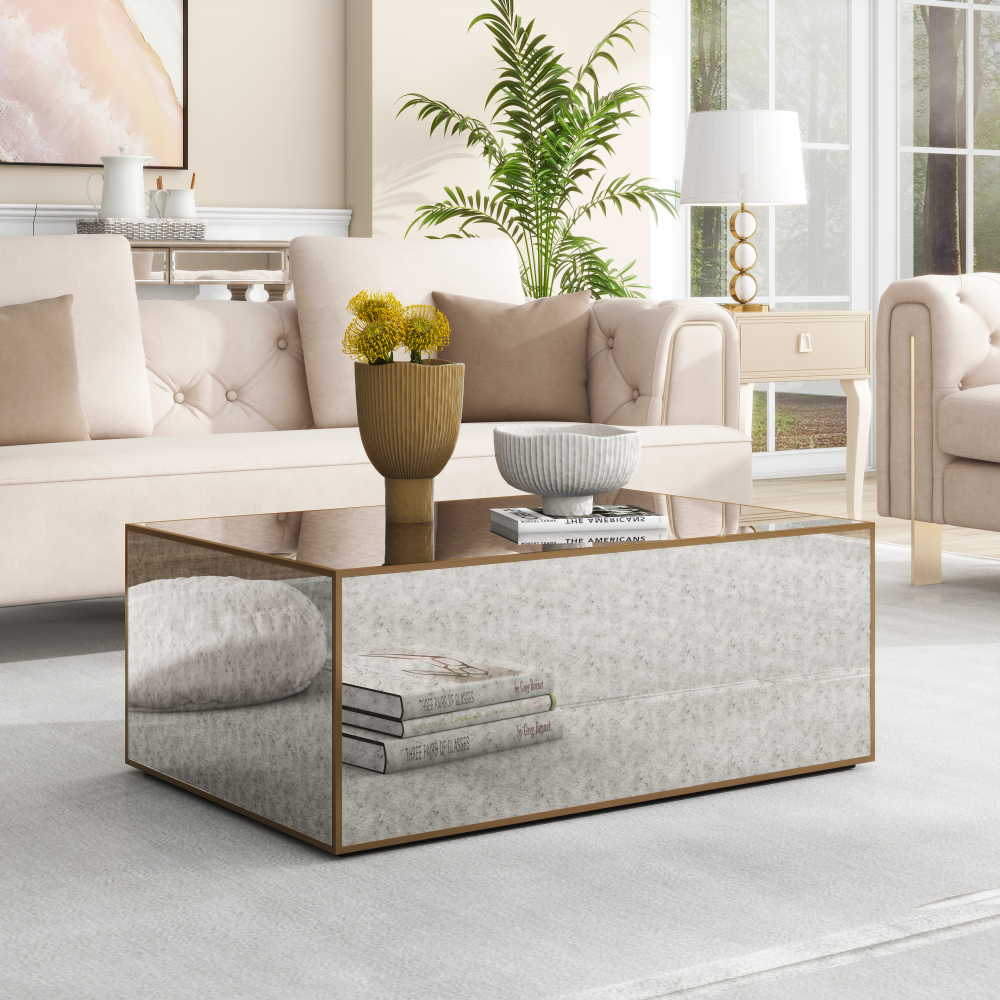 Rectangular Coffee Table, Mirrored Glass Center Table with Brushed Gold Frame