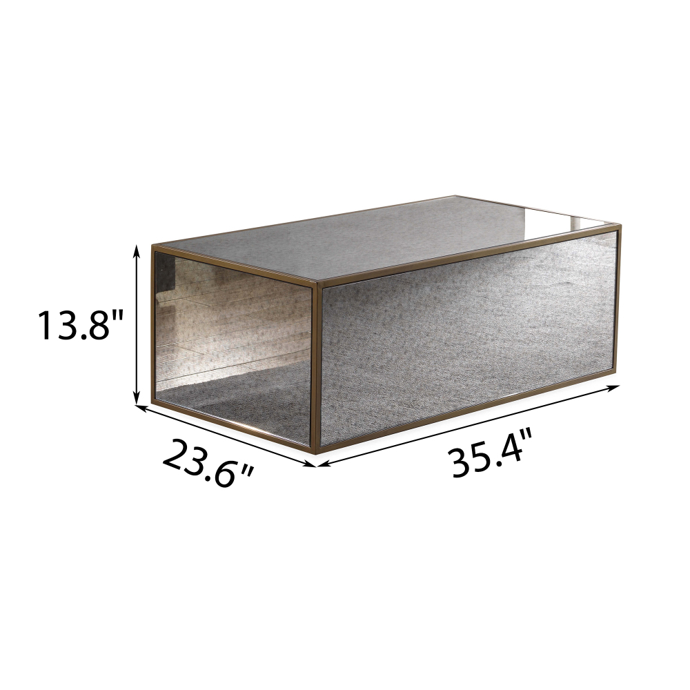 Rectangular Coffee Table, Mirrored Glass Center Table with Brushed Gold Frame