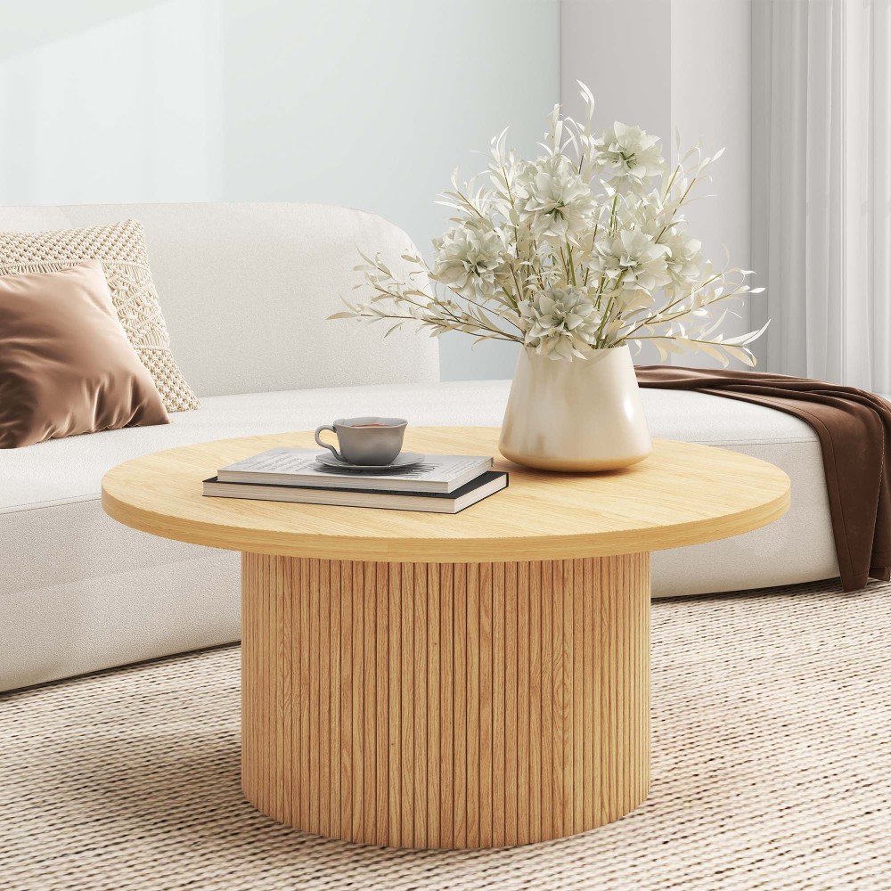 Round Coffee Table with Solid Wood Circle Pedestal Table - 35.5" x 17.7"