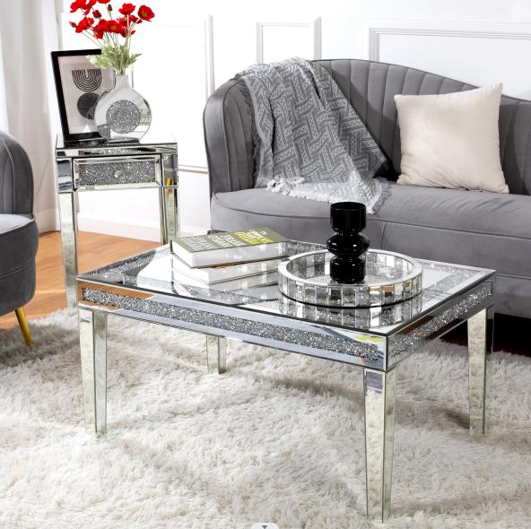 SHYFOY Coffee Table Mirrored with Crystals Inlay, Modern Contemporary Accent Side or Coffee Table for Living Room with Mirrored Finished