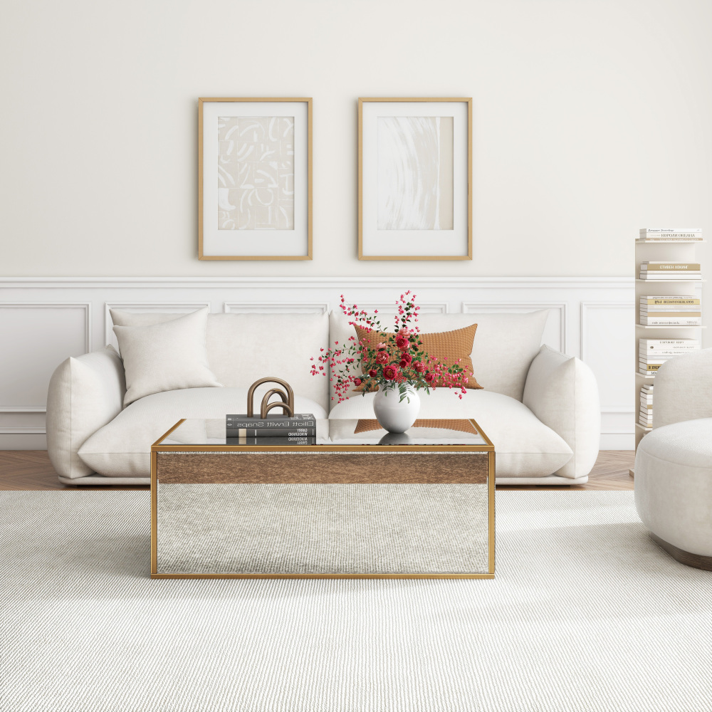 Rectangular Coffee Table, Mirrored Glass Center Table with Brushed Gold Frame
