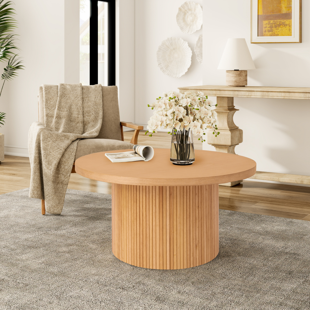 Round Coffee Table with Solid Wood Circle Pedestal Table - 35.5" x 17.7"