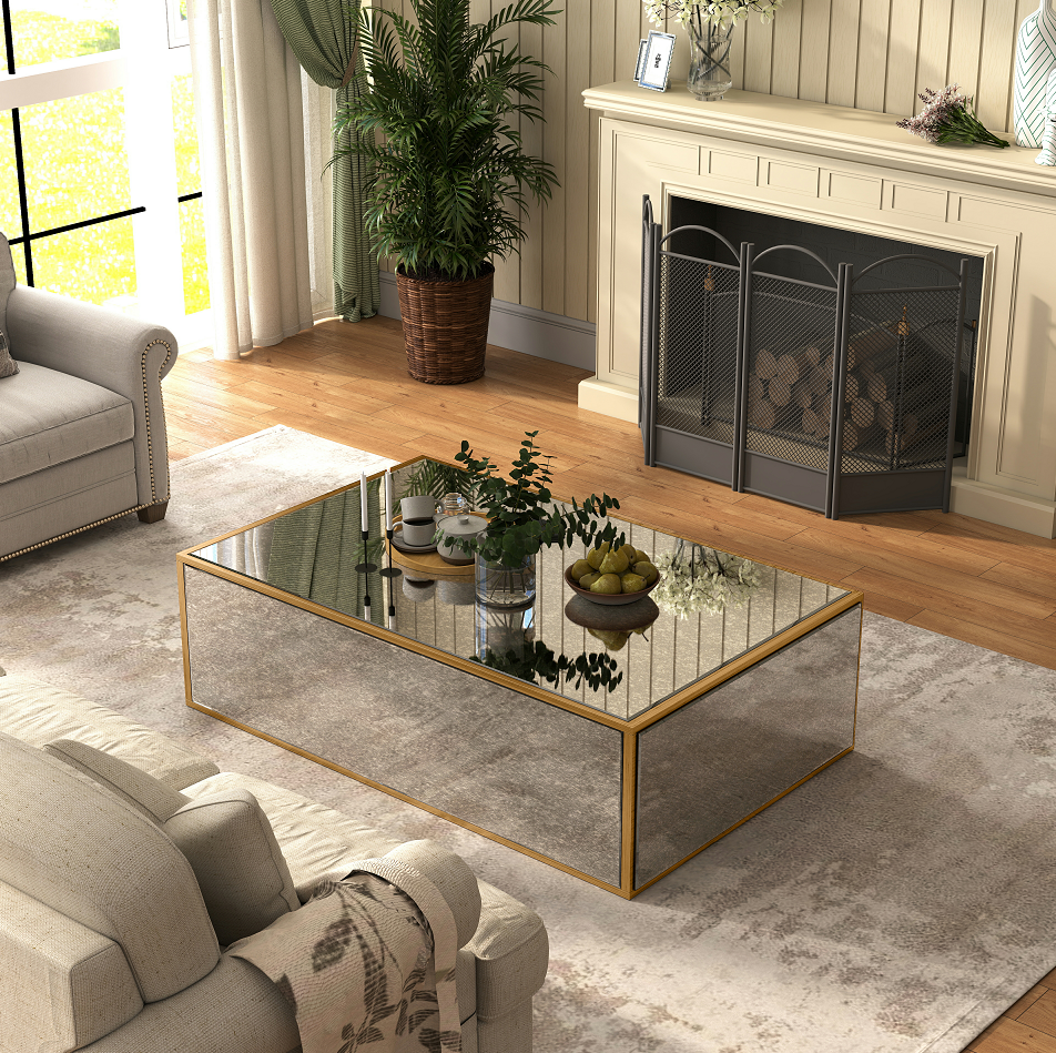 Rectangular Coffee Table, Mirrored Glass Center Table with Brushed Gold Frame