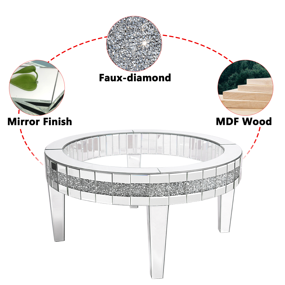 Round Glass Top Silver Accent Table Decor With Crushed Diamond Coffee Table