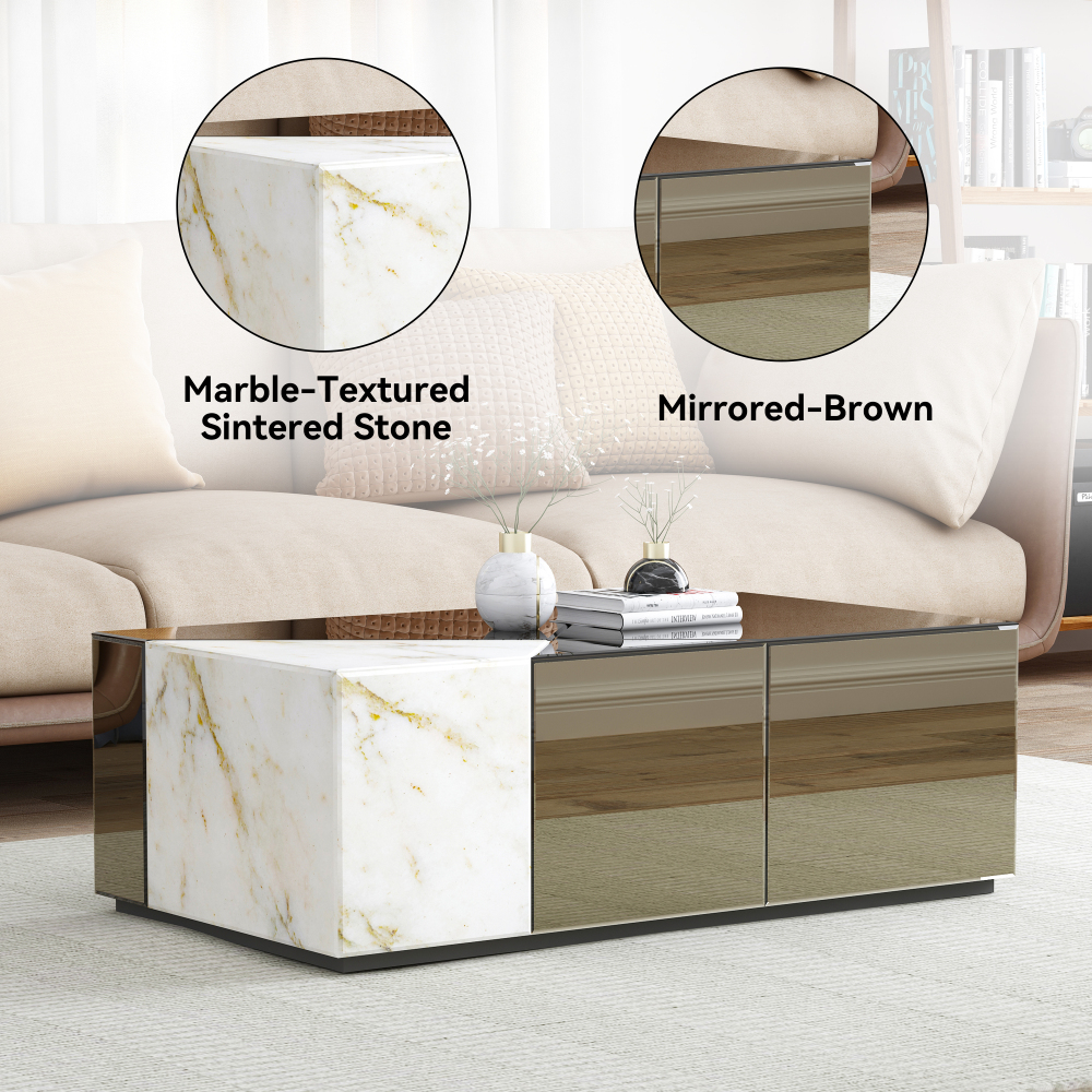 SHYFOY 39.37''W Mirrored Block Coffee Table With Unique Marble Patchwork Design