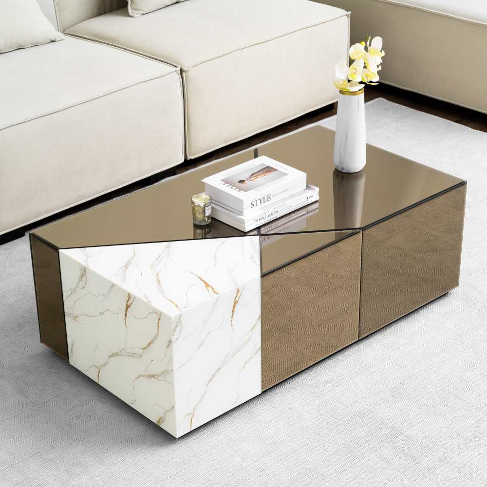 SHYFOY 39.37''W Mirrored Block Coffee Table With Unique Marble Patchwork Design