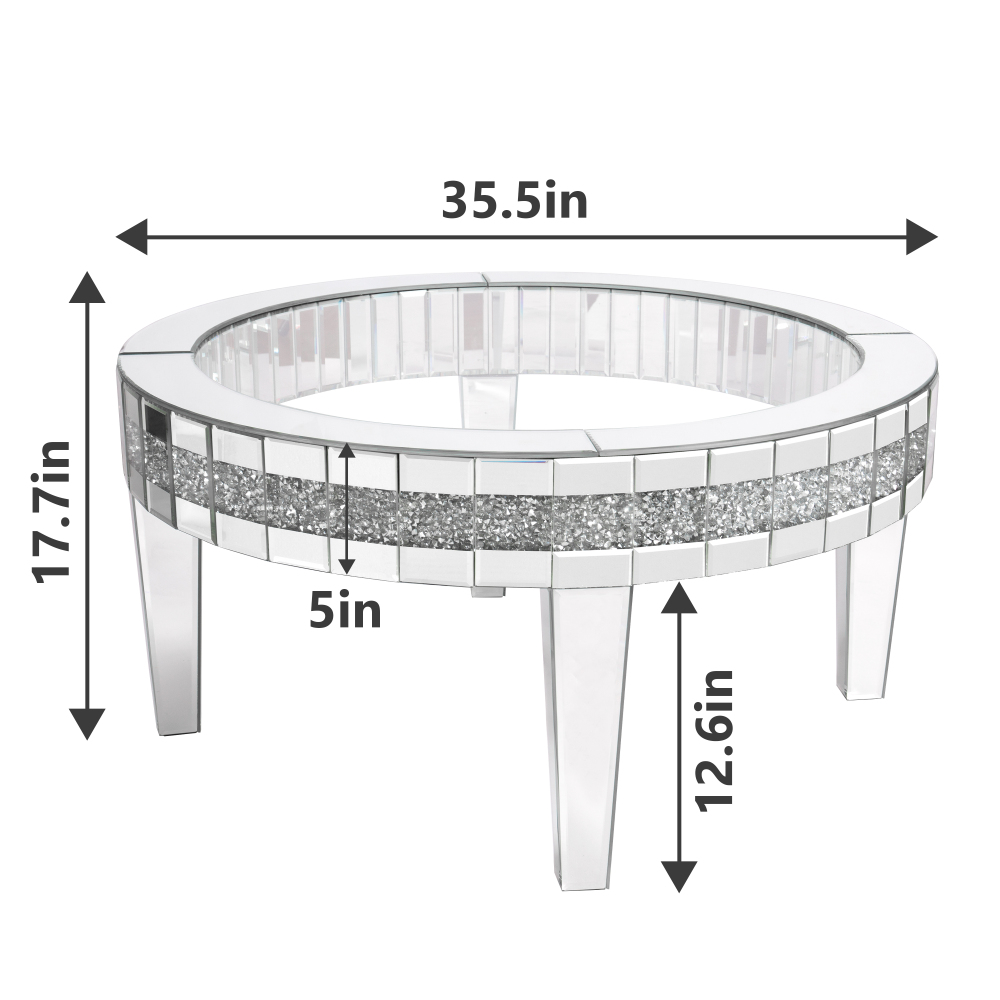 Round Glass Top Silver Accent Table Decor With Crushed Diamond Coffee Table