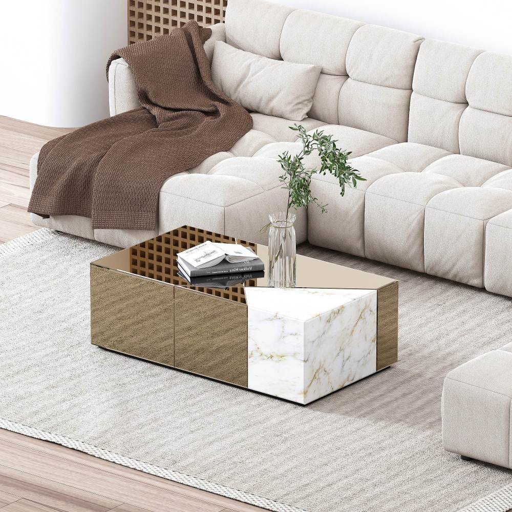 SHYFOY 39.37''W Mirrored Block Coffee Table With Unique Marble Patchwork Design