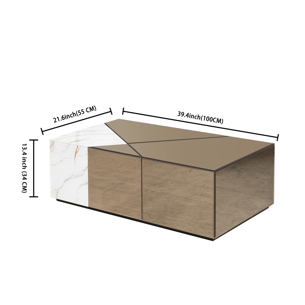 SHYFOY 39.37''W Mirrored Block Coffee Table With Unique Marble Patchwork Design