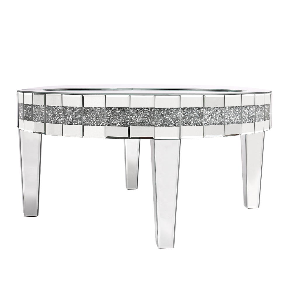 Round Glass Top Silver Accent Table Decor With Crushed Diamond Coffee Table