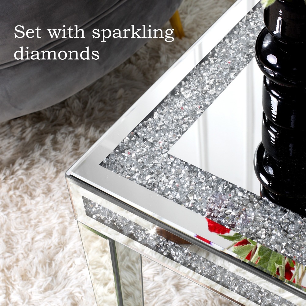 SHYFOY Coffee Table Mirrored with Crystals Inlay, Modern Contemporary Accent Side or Coffee Table for Living Room with Mirrored Finished