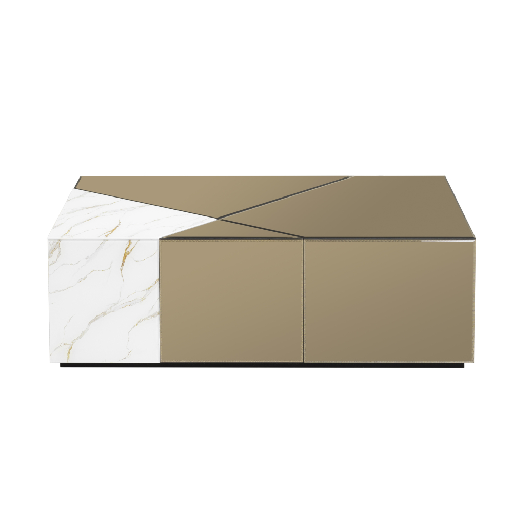 SHYFOY 39.37''W Mirrored Block Coffee Table With Unique Marble Patchwork Design
