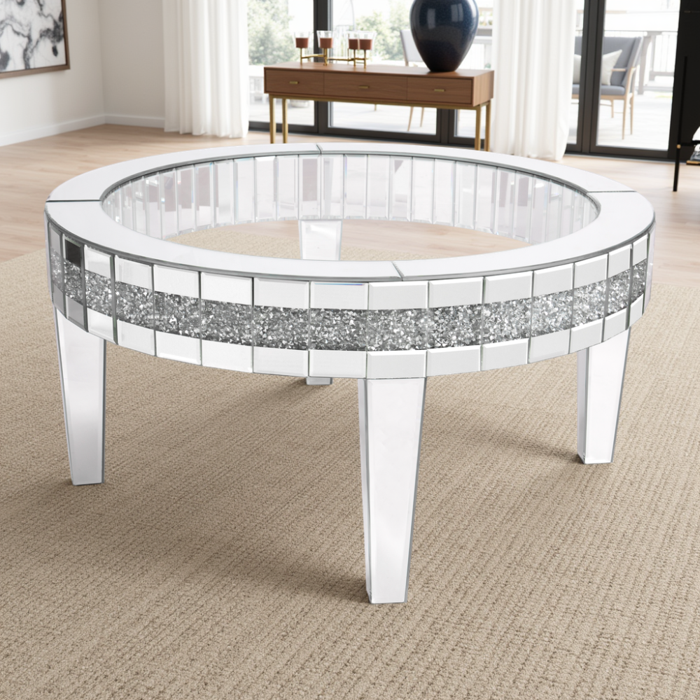 Round Glass Top Silver Accent Table Decor With Crushed Diamond Coffee Table