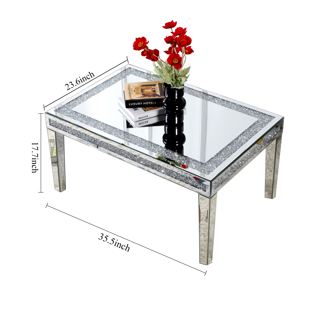 SHYFOY Coffee Table Mirrored with Crystals Inlay, Modern Contemporary Accent Side or Coffee Table for Living Room with Mirrored Finished