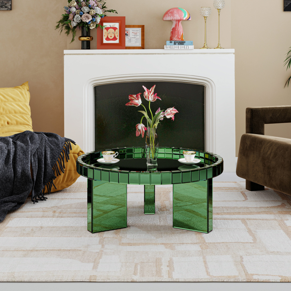 Green Round Glass Tray Top Coffee Table for Living Room