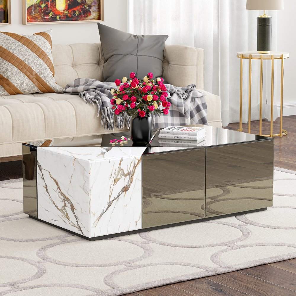 SHYFOY 39.37''W Mirrored Block Coffee Table With Unique Marble Patchwork Design