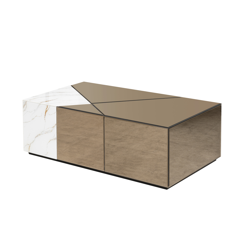 SHYFOY 39.37''W Mirrored Block Coffee Table With Unique Marble Patchwork Design