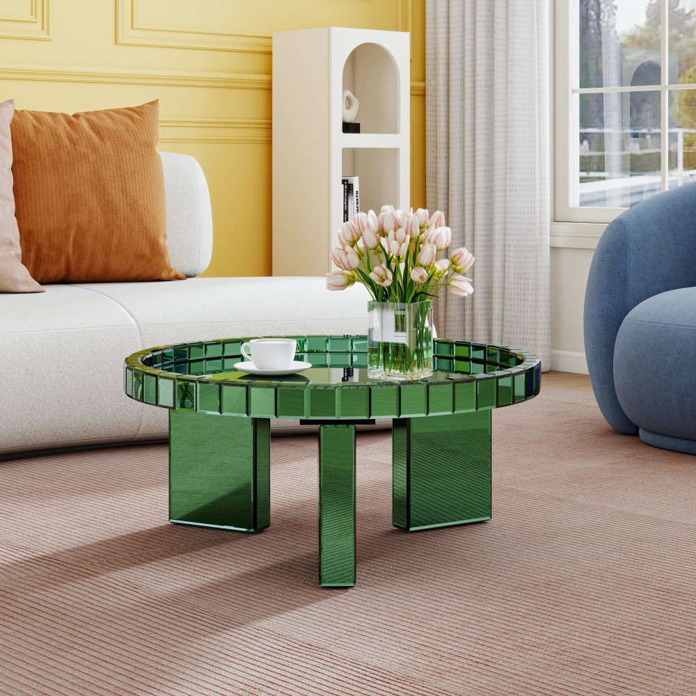 Green Round Glass Tray Top Coffee Table for Living Room