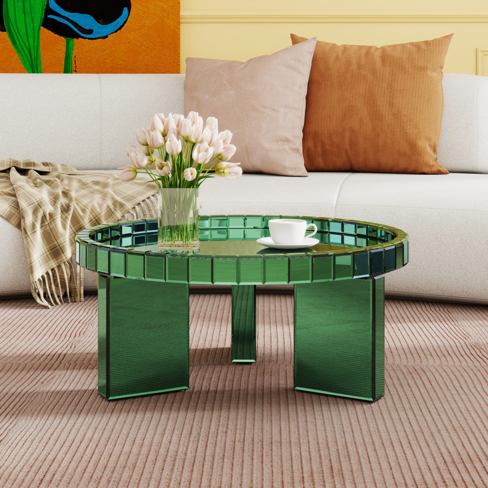 Green Round Glass Tray Top Coffee Table for Living Room